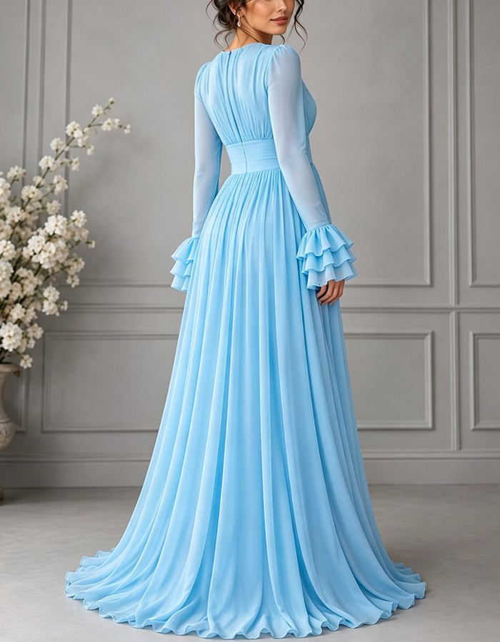 Abito lungo in chiffon con scollo a V, maniche lunghe, volant a strati, polsini con volant e vita alta