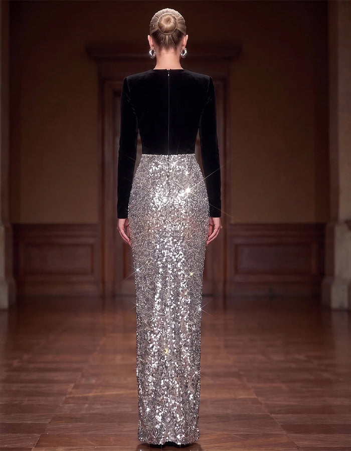 Abito maxi in velluto nero con paillettes argentate