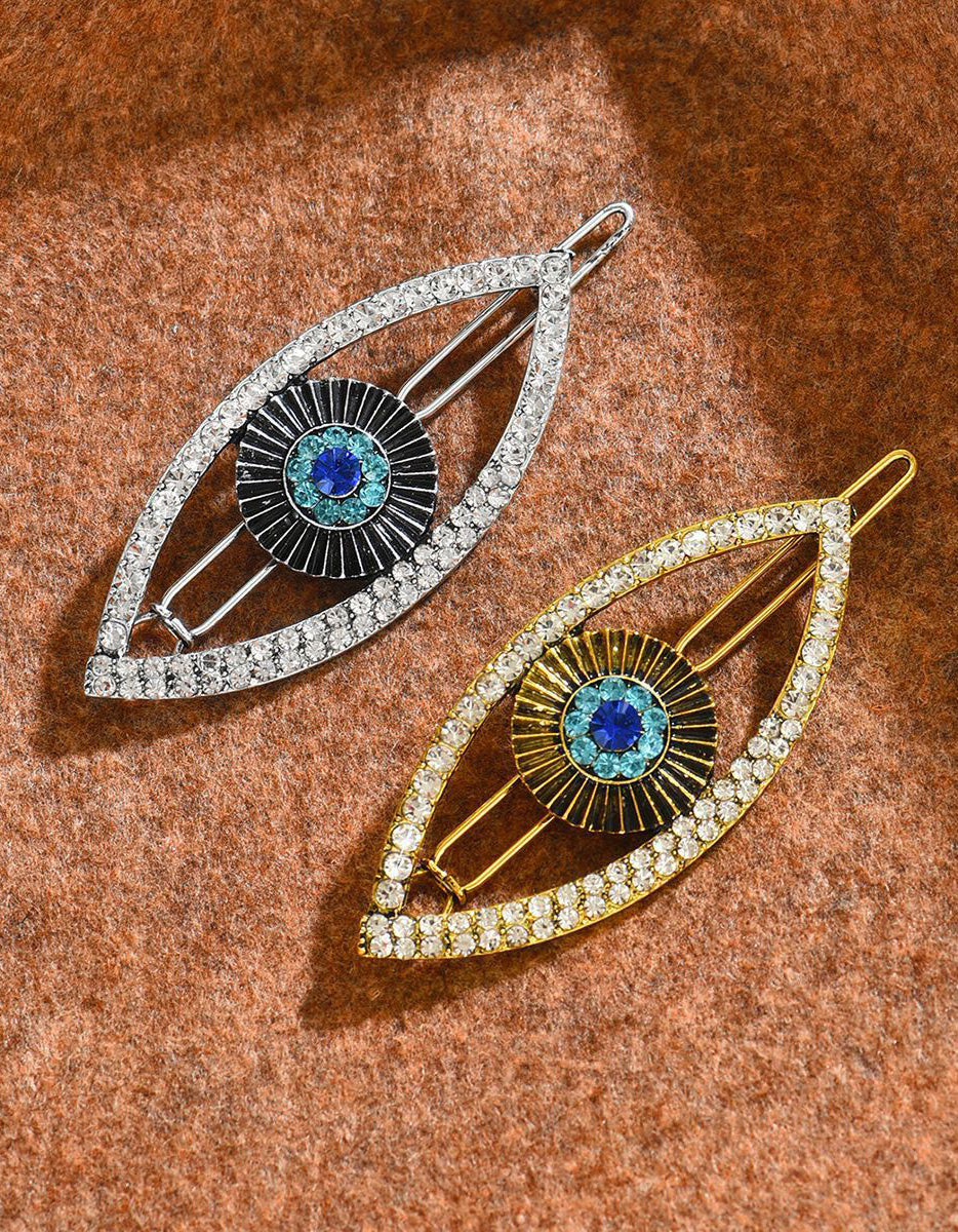 Fermaglio per capelli in lega argentata con strass e occhio malefico, accessorio da donna per Halloween, abito da sera