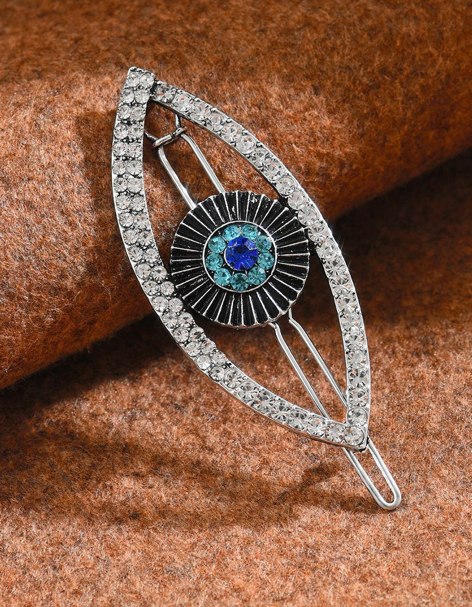 Fermaglio per capelli in lega argentata con strass e occhio malefico, accessorio da donna per Halloween, abito da sera