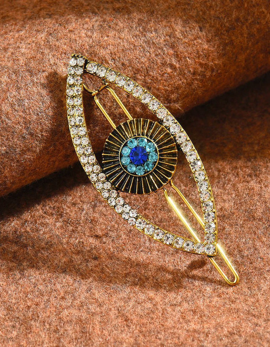 Fermaglio per capelli in lega argentata con strass e occhio malefico, accessorio da donna per Halloween, abito da sera