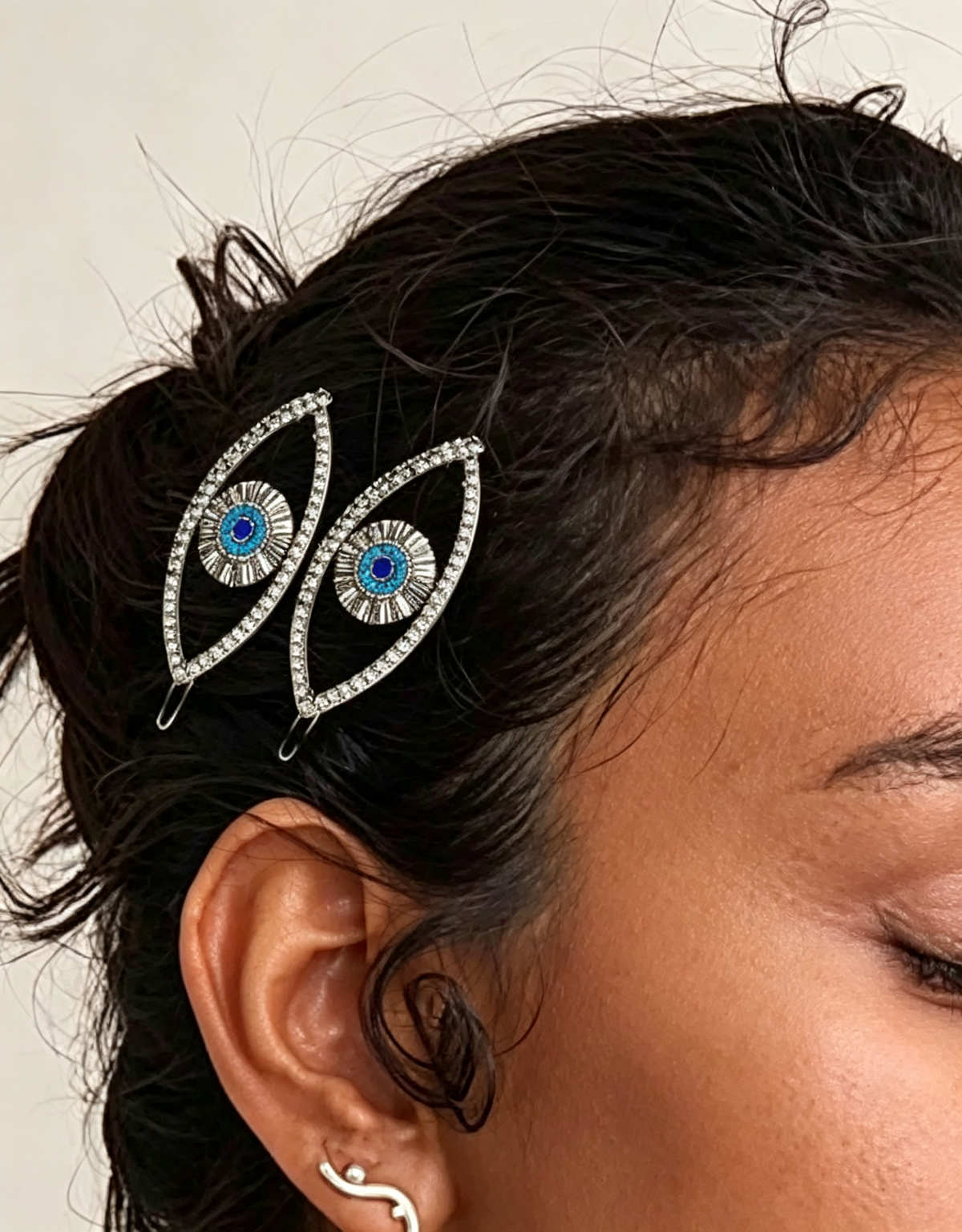 Fermaglio per capelli in lega argentata con strass e occhio malefico, accessorio da donna per Halloween, abito da sera