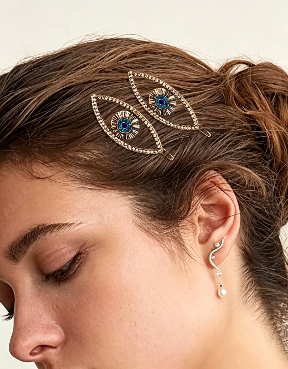 Fermaglio per capelli in lega argentata con strass e occhio malefico, accessorio da donna per Halloween, abito da sera