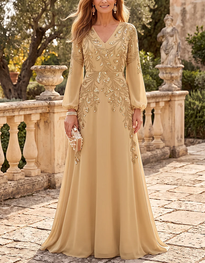 gold sequin and chiffon dress Champagne V-Neck Bishop Long-Sleeve with Leaf-Embroidered A-Line Maxi rose gold dress