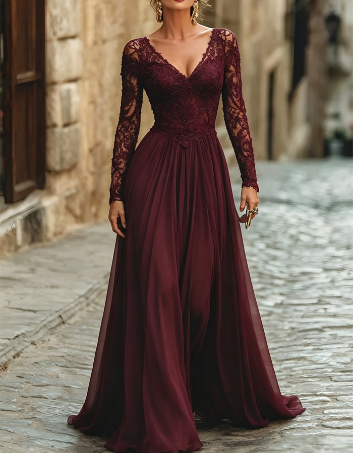 Abito lungo maxi in chiffon con scollo a V e maniche lunghe in pizzo