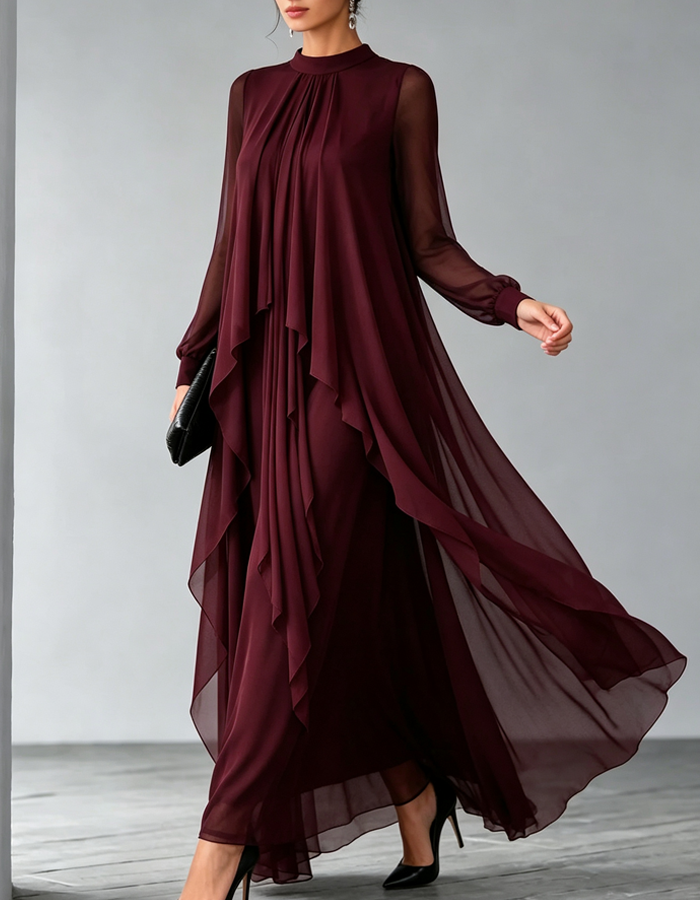 Abito lungo maxi in chiffon a maniche lunghe con collo alto