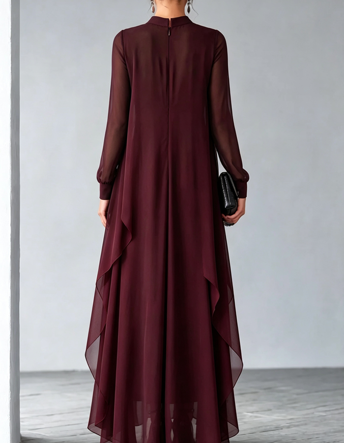 Abito lungo maxi in chiffon a maniche lunghe con collo alto