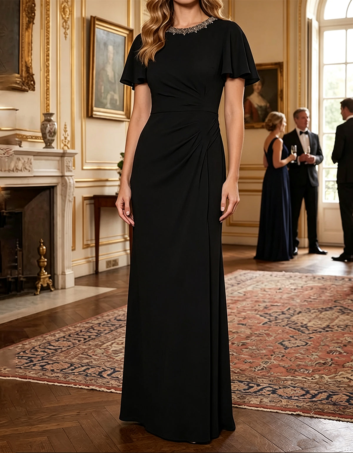 Abito maxi in chiffon blu navy, a maniche corte e con scollo rotondo