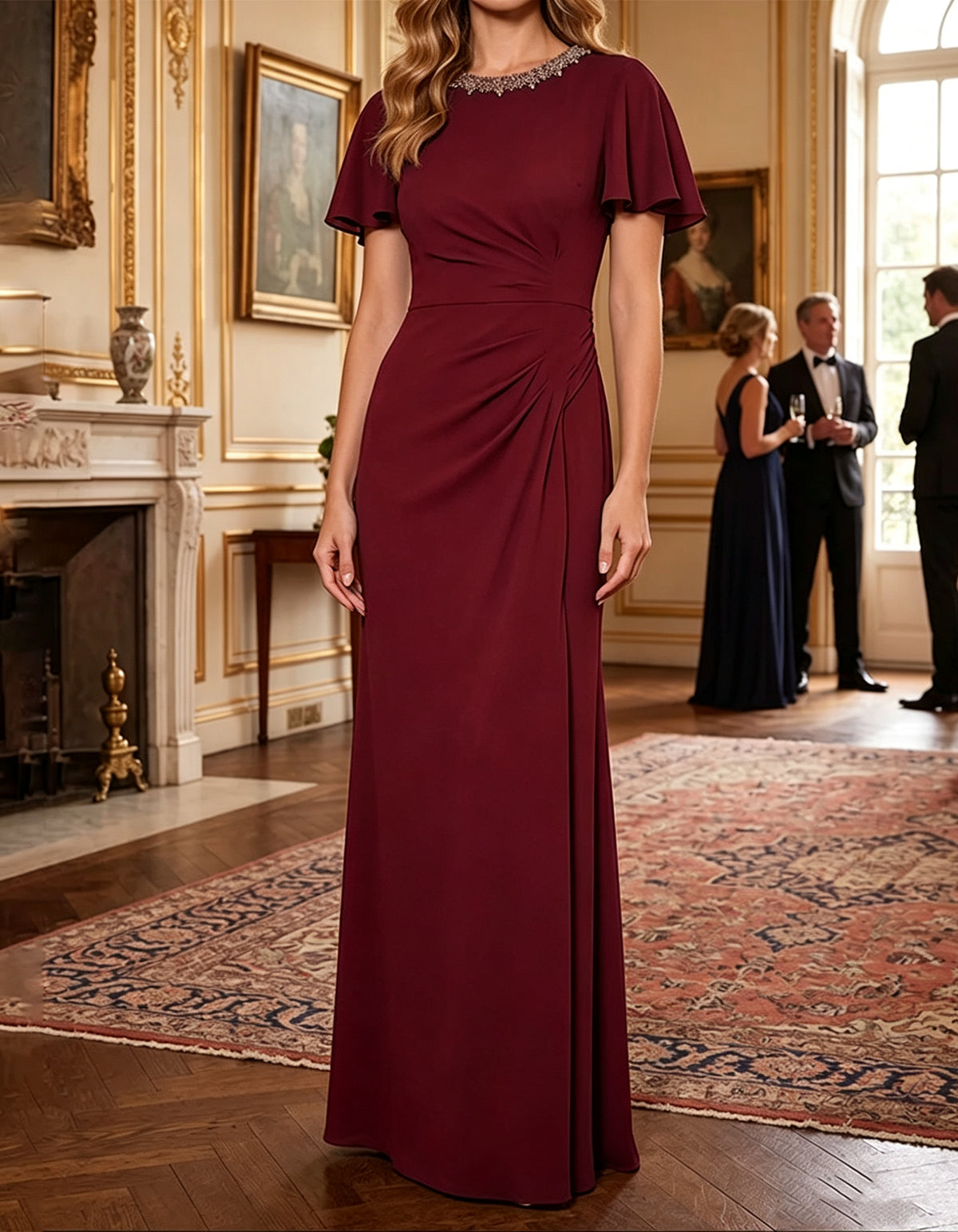 Abito maxi in chiffon blu navy, a maniche corte e con scollo rotondo