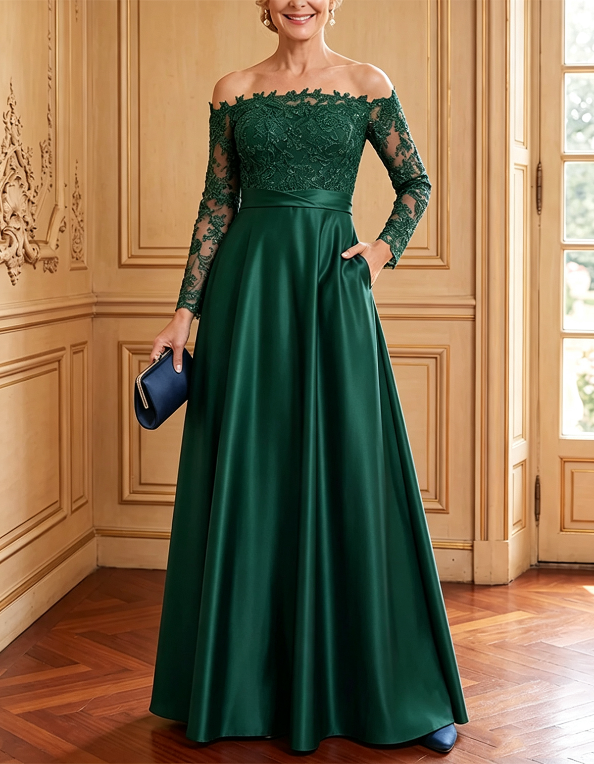 Abito maxi a trapezio in pizzo e raso blu navy con spalle scoperte