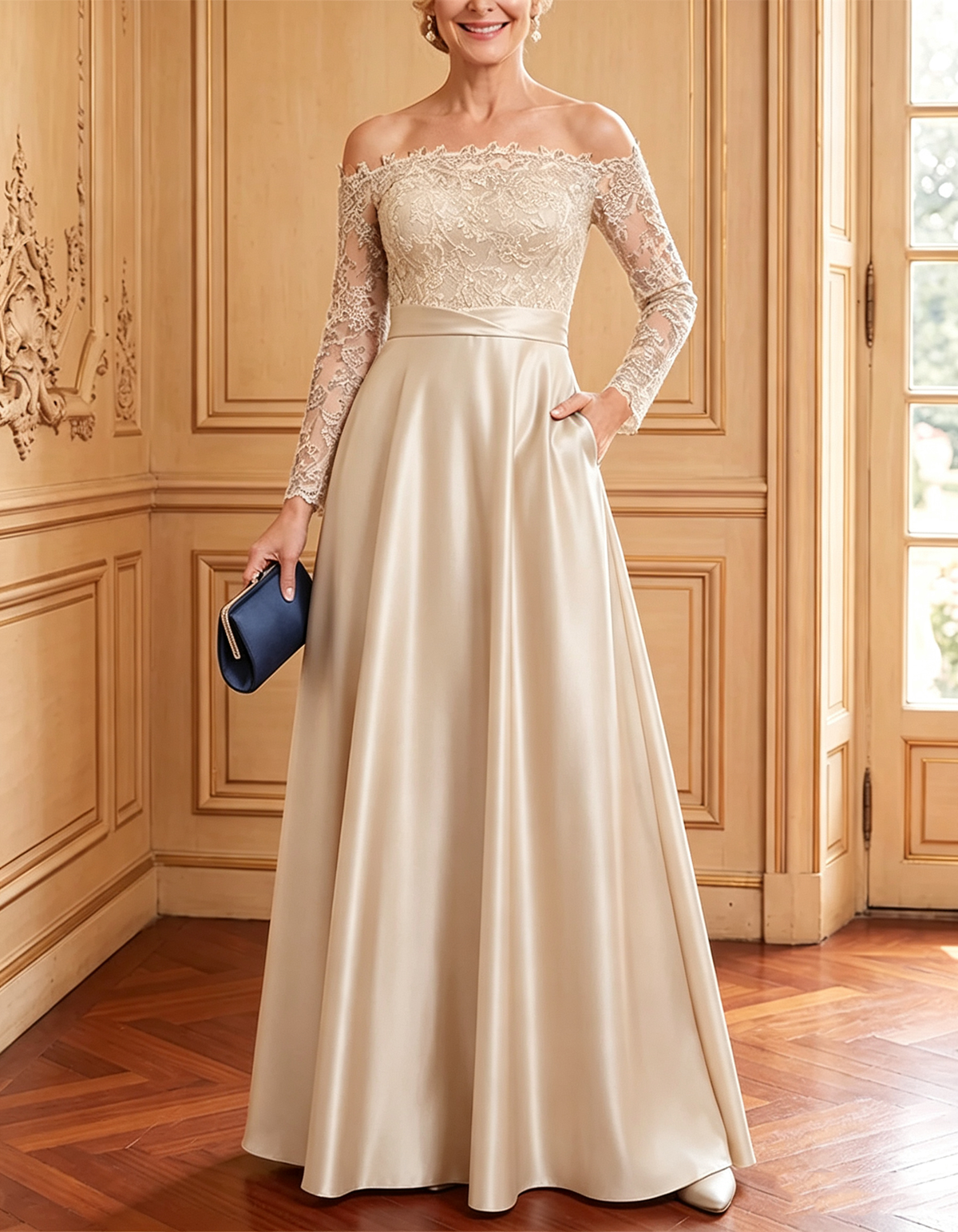 Abito maxi a trapezio in pizzo e raso blu navy con spalle scoperte
