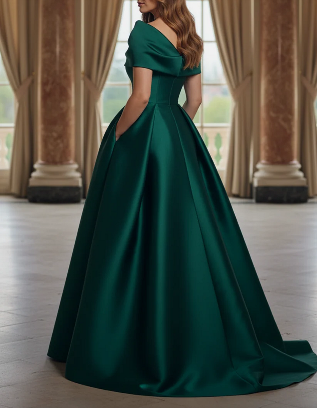 Abito maxi a trapezio in raso verde, asimmetrico e drappeggiato