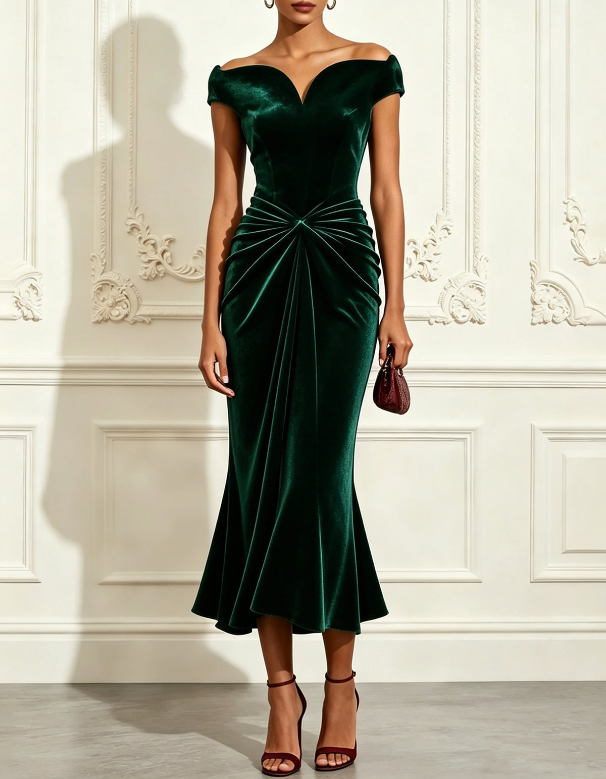 Abito midi in velluto bordeaux con spalle scoperte
