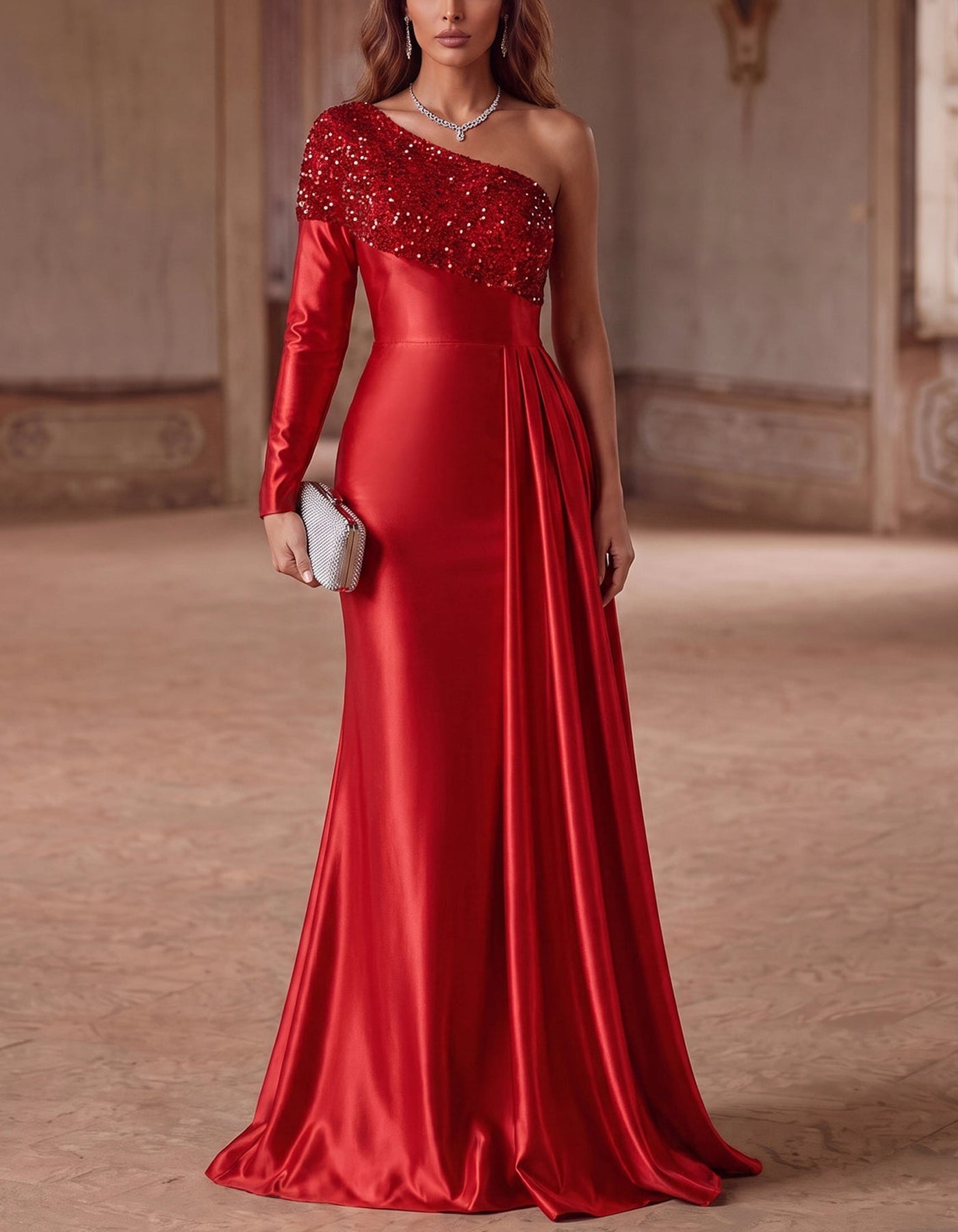 Vestido midi negro de satén con estampado dorado