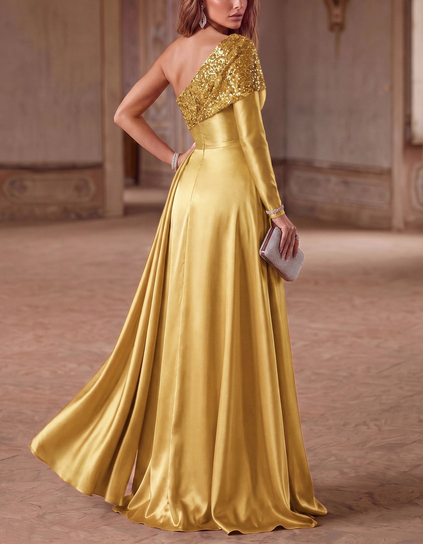 Vestido maxi de cetim com lantejoulas, cor lisa e design de um ombro só