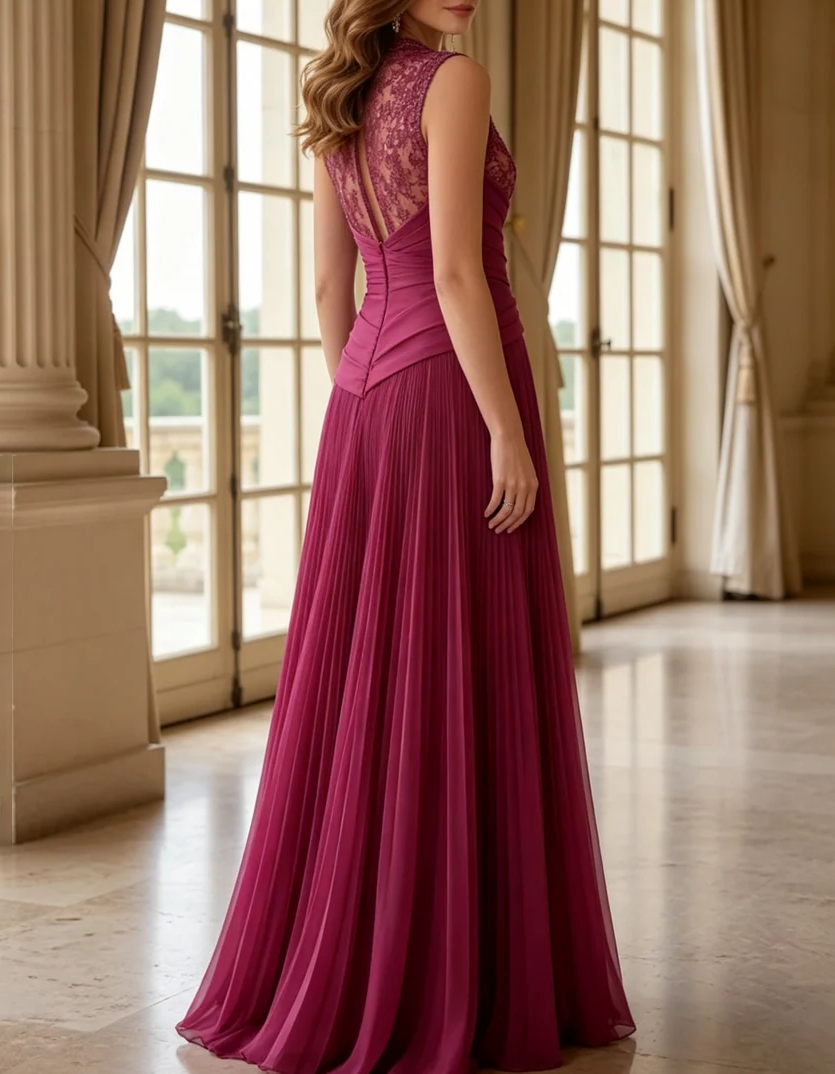 Abito maxi a trapezio in chiffon plissettato con scollo a V, senza maniche, paillettes e vita in pizzo