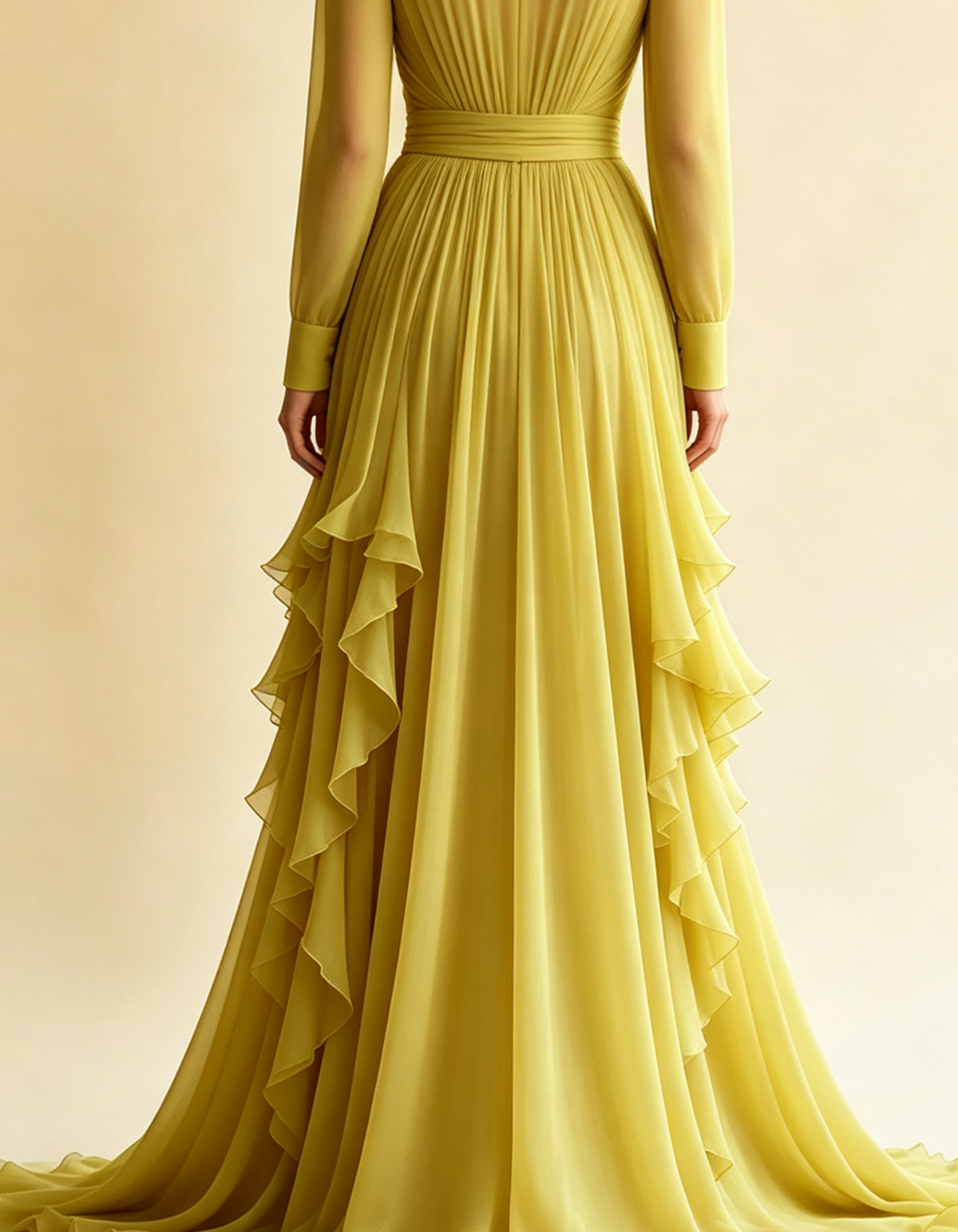 Abito maxi in chiffon con maniche lunghe e scollo a V profondo incrociato