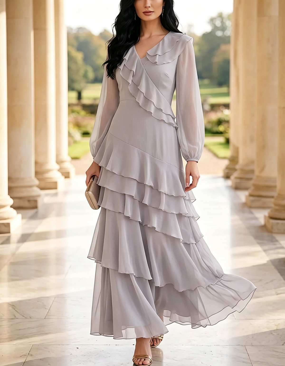 Vestido maxi de gasa escalonado con cuello en V, volantes y mangas largas