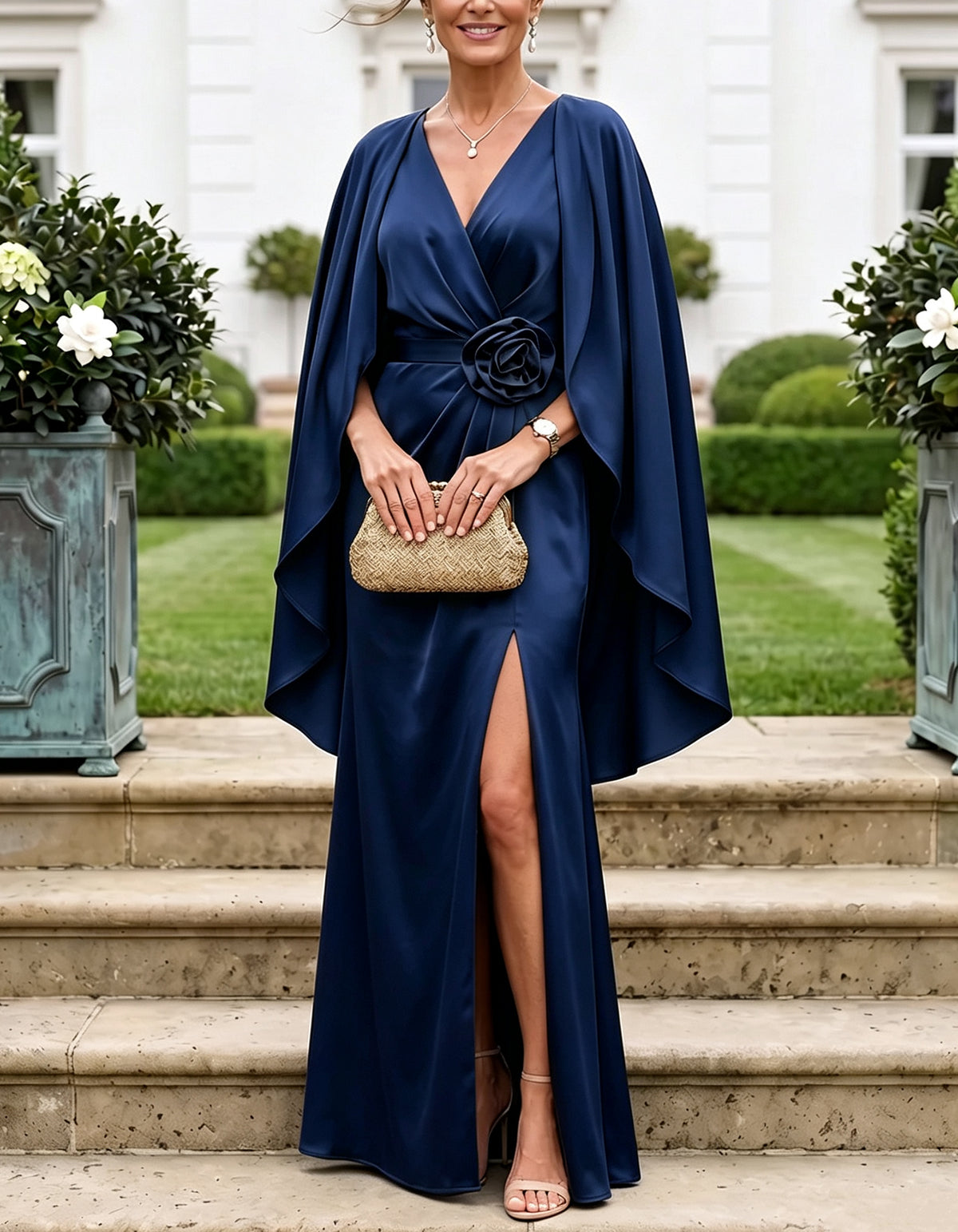Olive Green V-Neck Cape Sleeve Satin Slit Maxi Dress