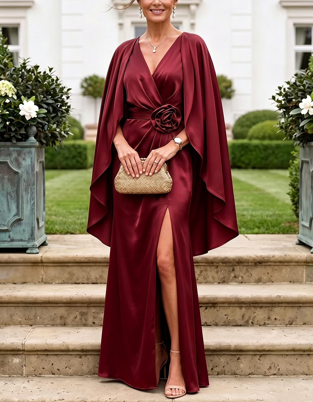 Olive Green V-Neck Cape Sleeve Satin Slit Maxi Dress