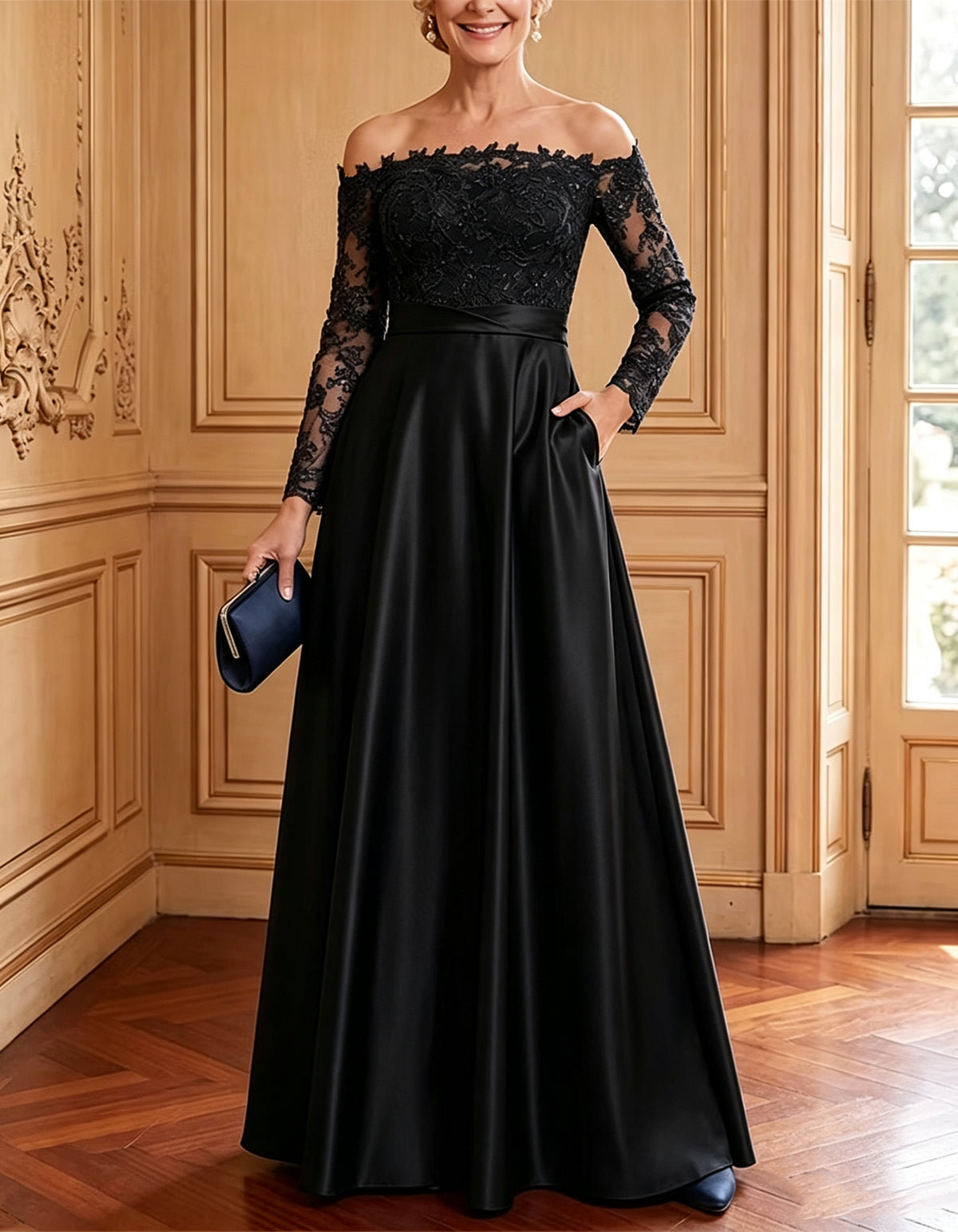 Abito maxi a trapezio in pizzo e raso blu navy con spalle scoperte