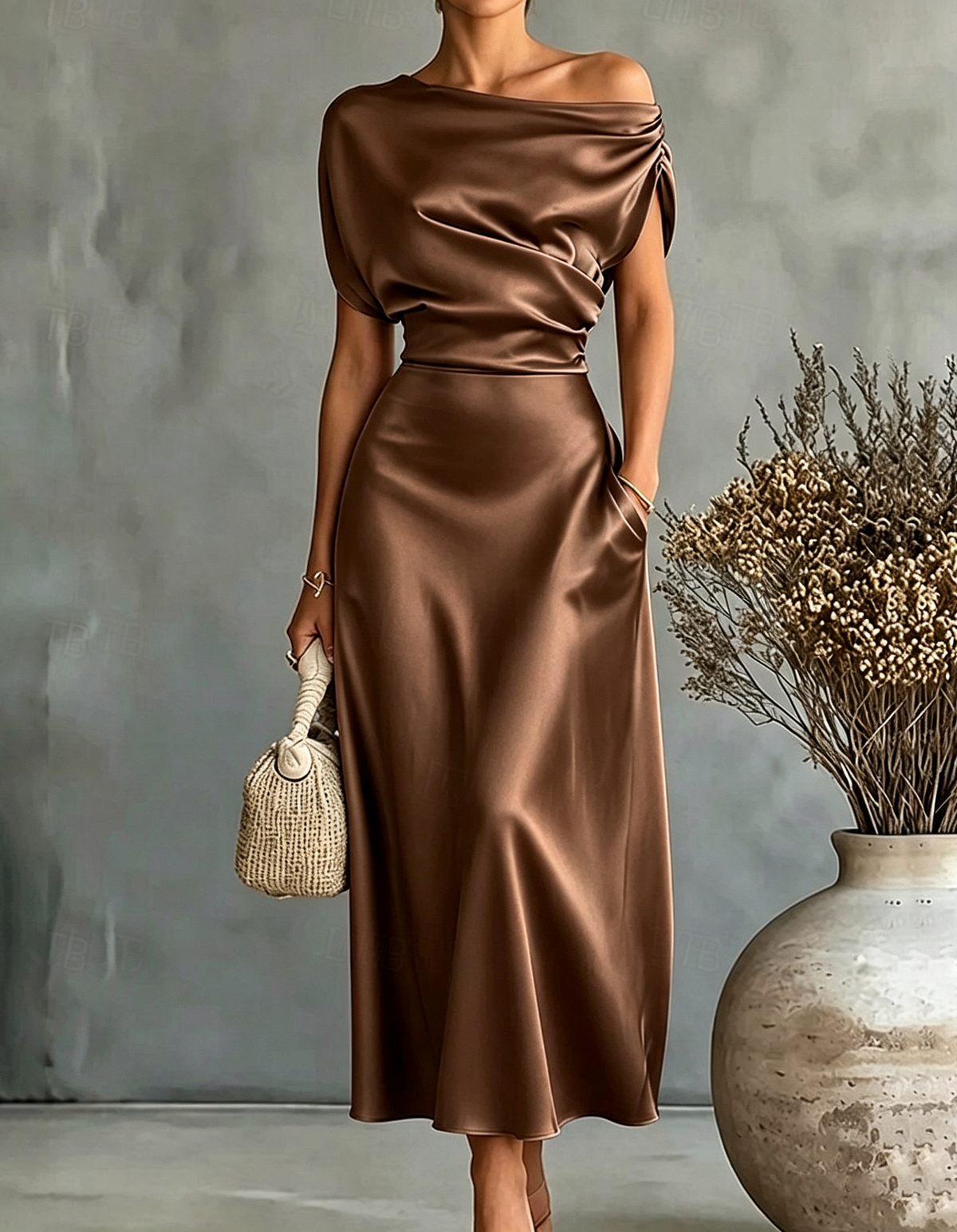 Dusty Blue Asymmetric Off-the-Shoulder Draped Satin Midi Dress