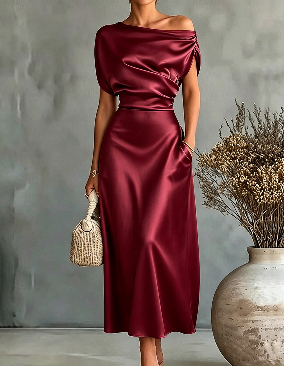 Dusty Blue Asymmetric Off-the-Shoulder Draped Satin Midi Dress