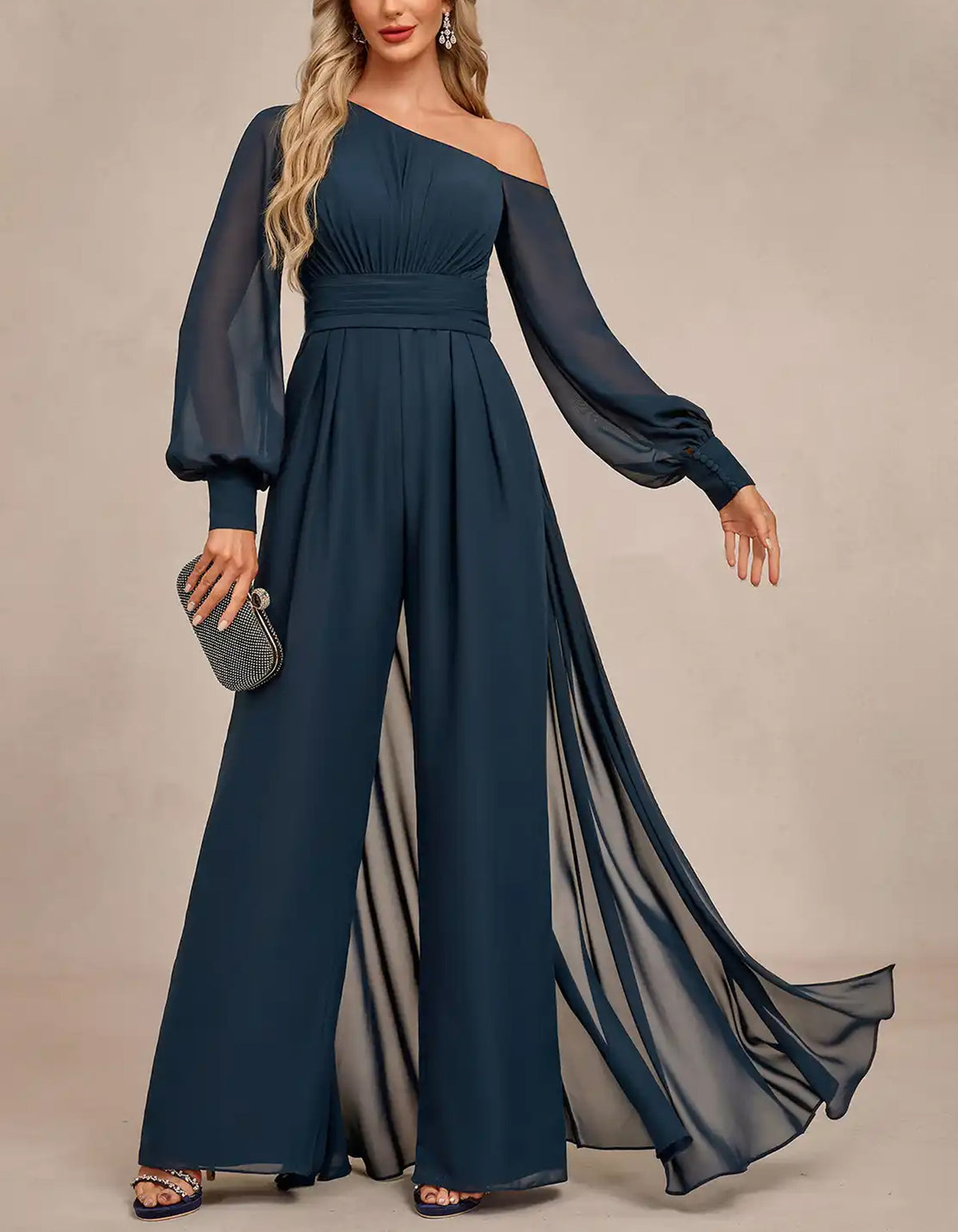 Macacão azul-escuro de chiffon de um ombro