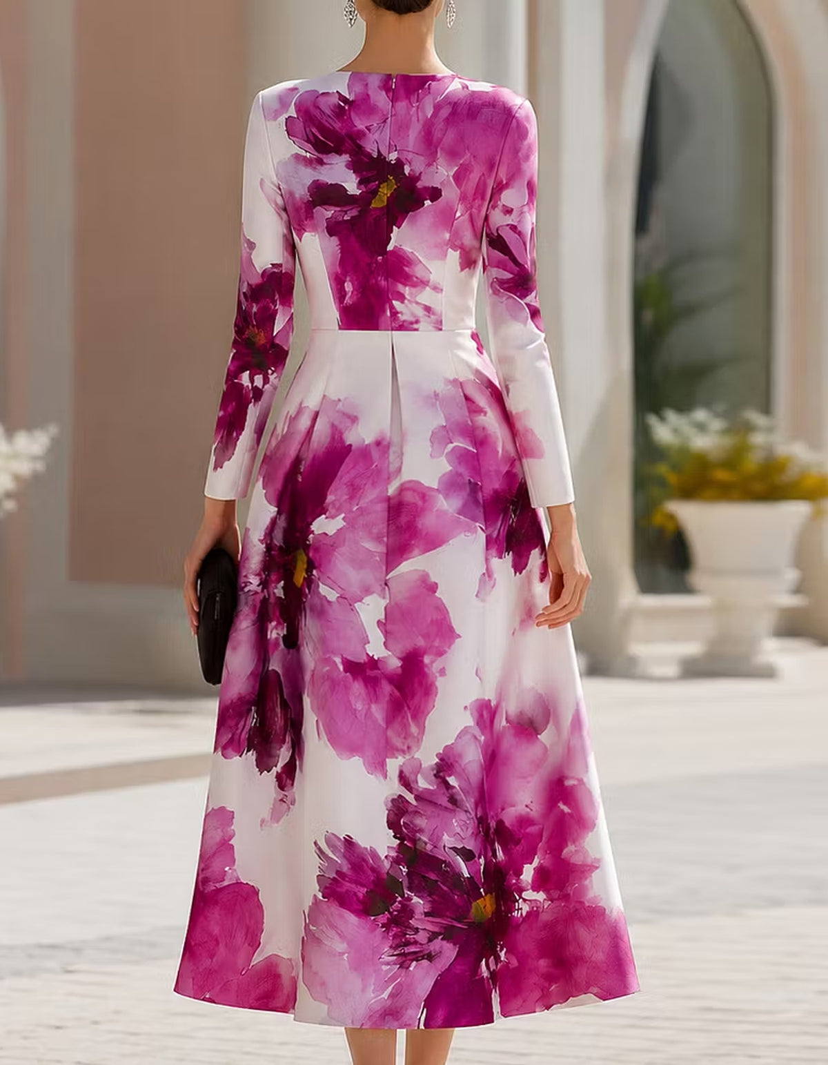 Abito midi color magenta con stampa floreale e scollo rotondo