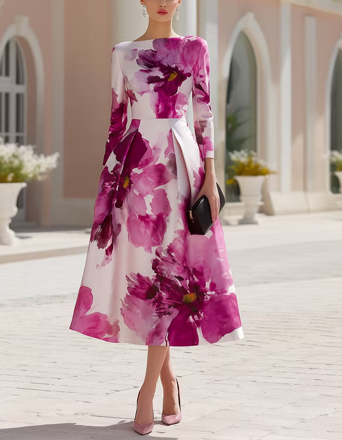 Abito midi color magenta con stampa floreale e scollo rotondo
