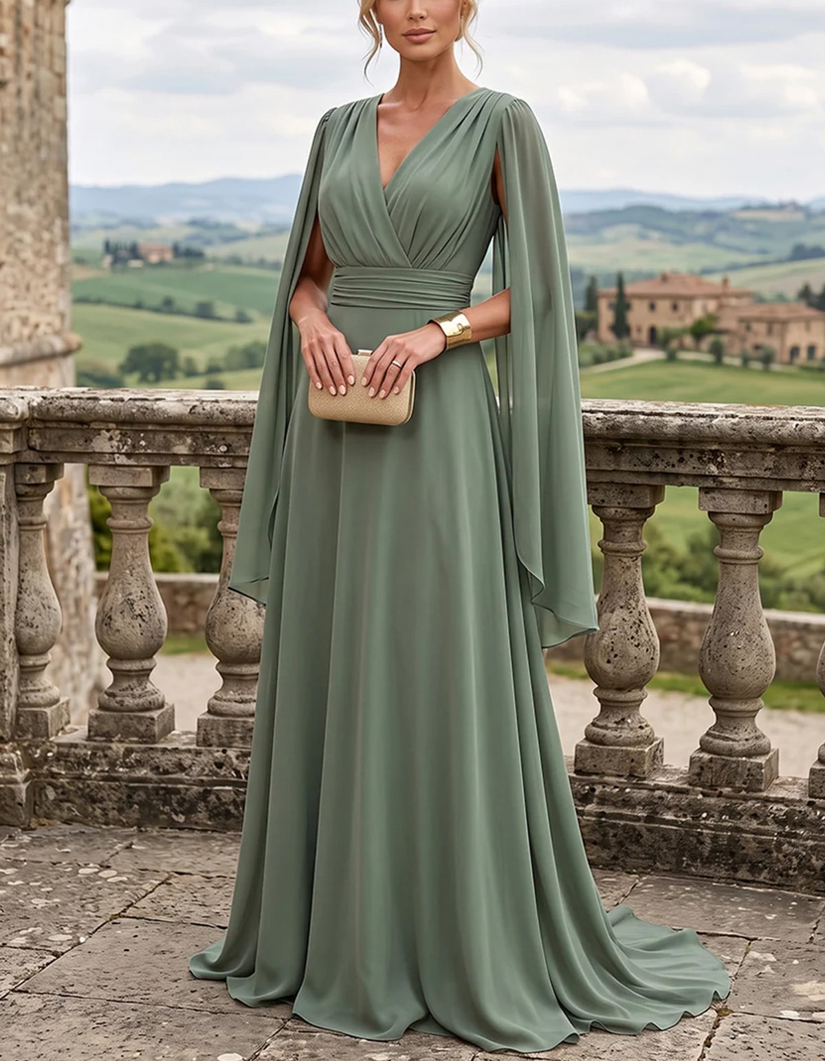 Abito lungo svasato aderente in chiffon con scollo a V, maniche svolazzanti e vita sagomata