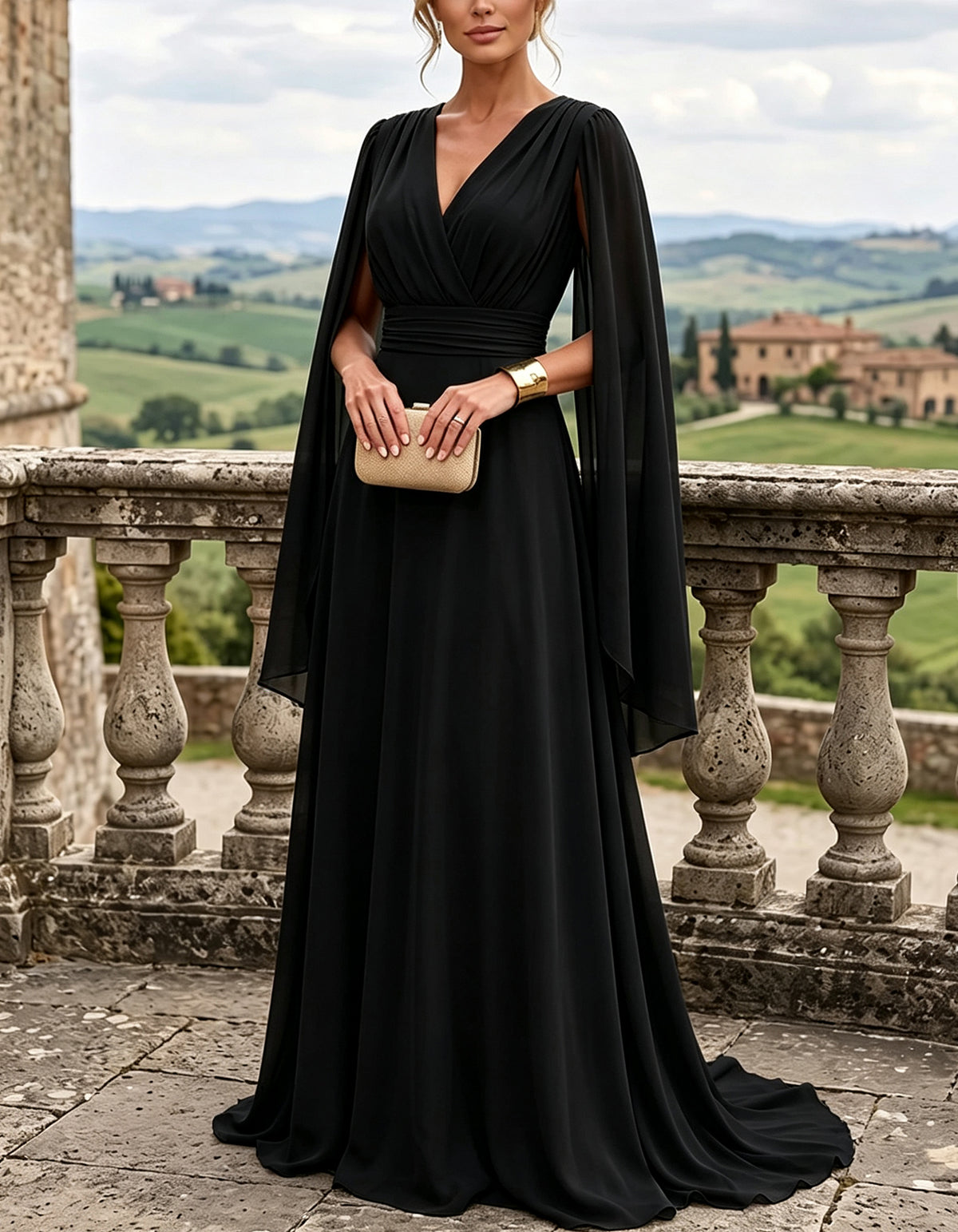 Abito lungo svasato aderente in chiffon con scollo a V, maniche svolazzanti e vita sagomata