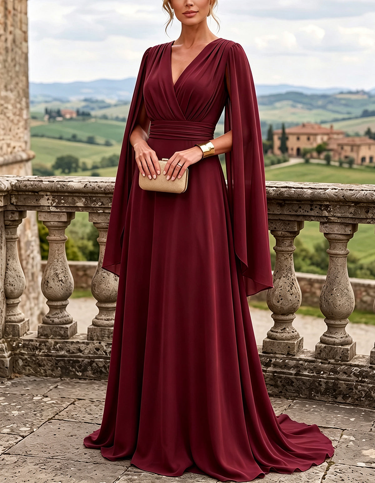 Abito lungo svasato aderente in chiffon con scollo a V, maniche svolazzanti e vita sagomata
