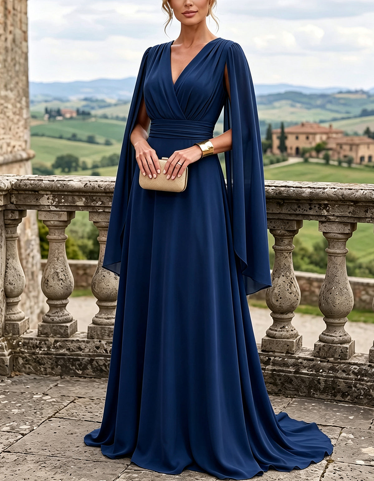Abito lungo svasato aderente in chiffon con scollo a V, maniche svolazzanti e vita sagomata