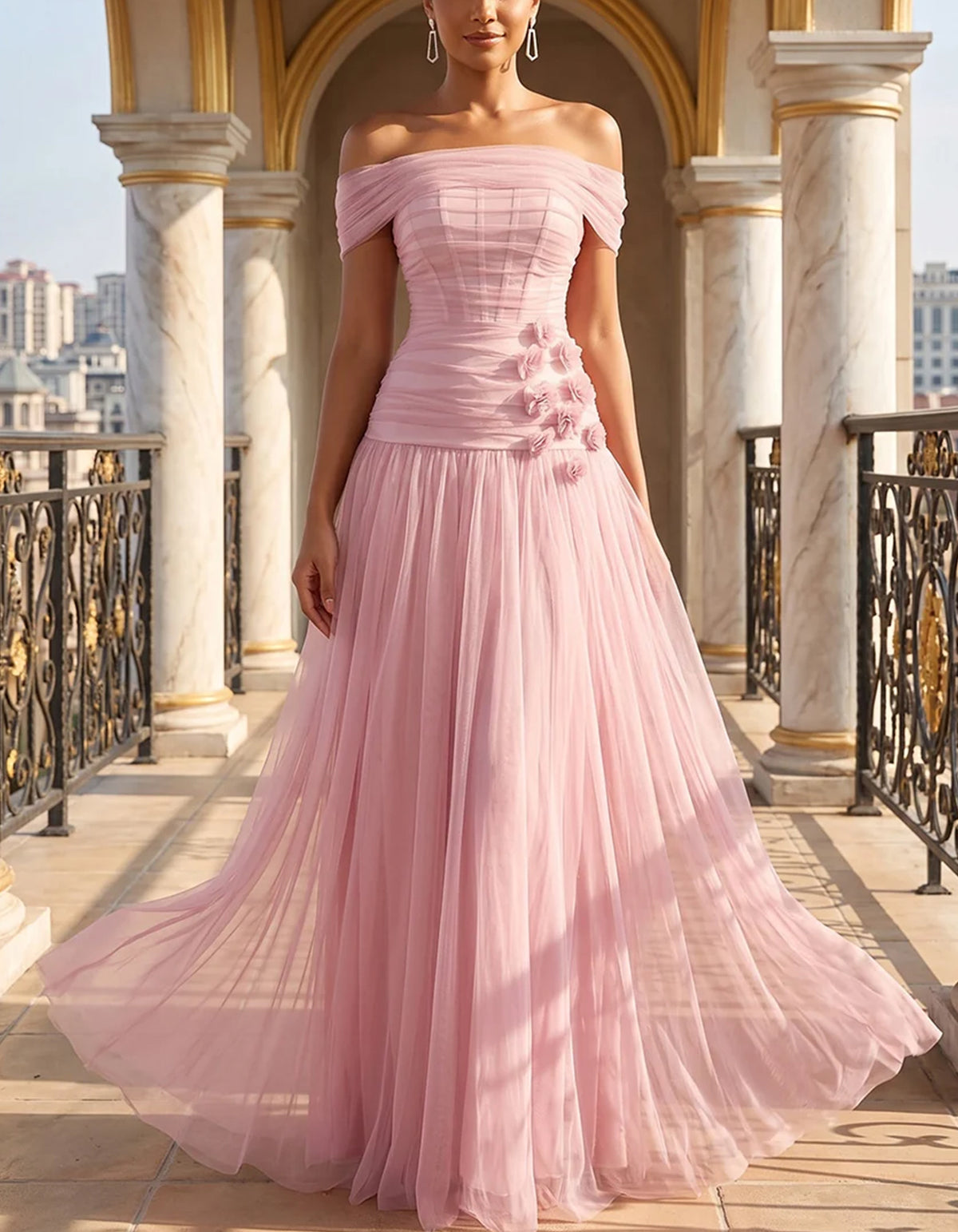 Abito lungo svasato con spalle scoperte, fiori 3D e tulle