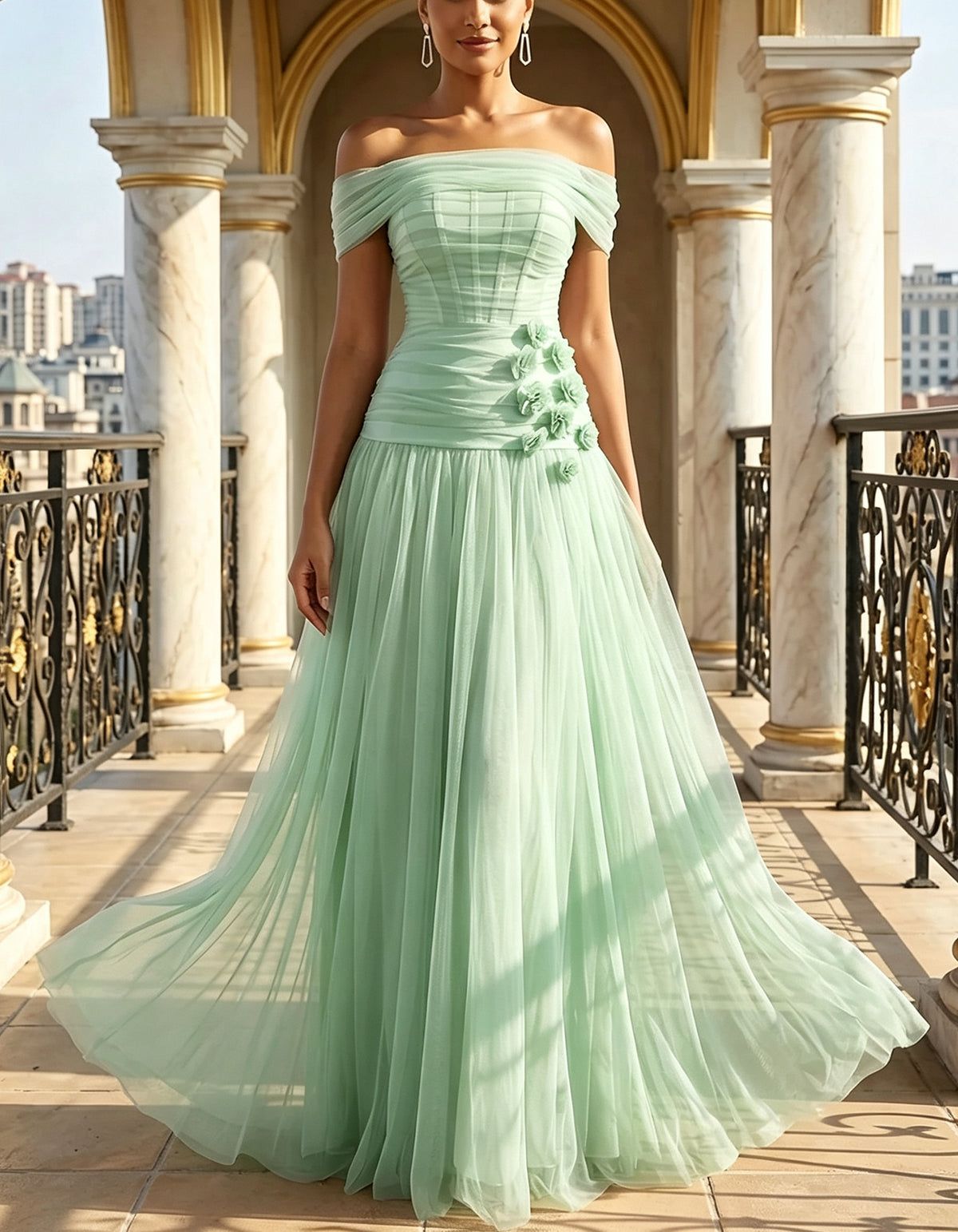 Abito lungo svasato con spalle scoperte, fiori 3D e tulle