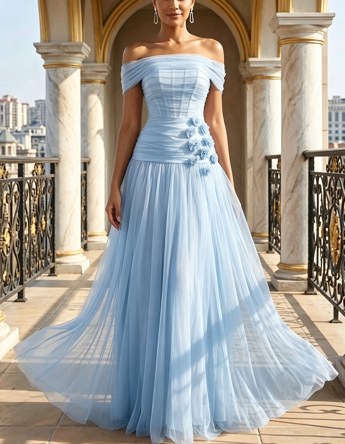 Abito lungo svasato con spalle scoperte, fiori 3D e tulle