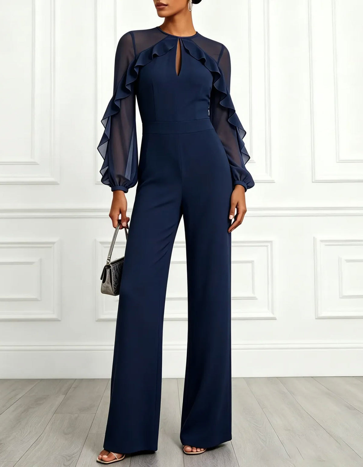 Dunkelblauer Jumpsuit aus Chiffon mit Rüschen und weitem Bein