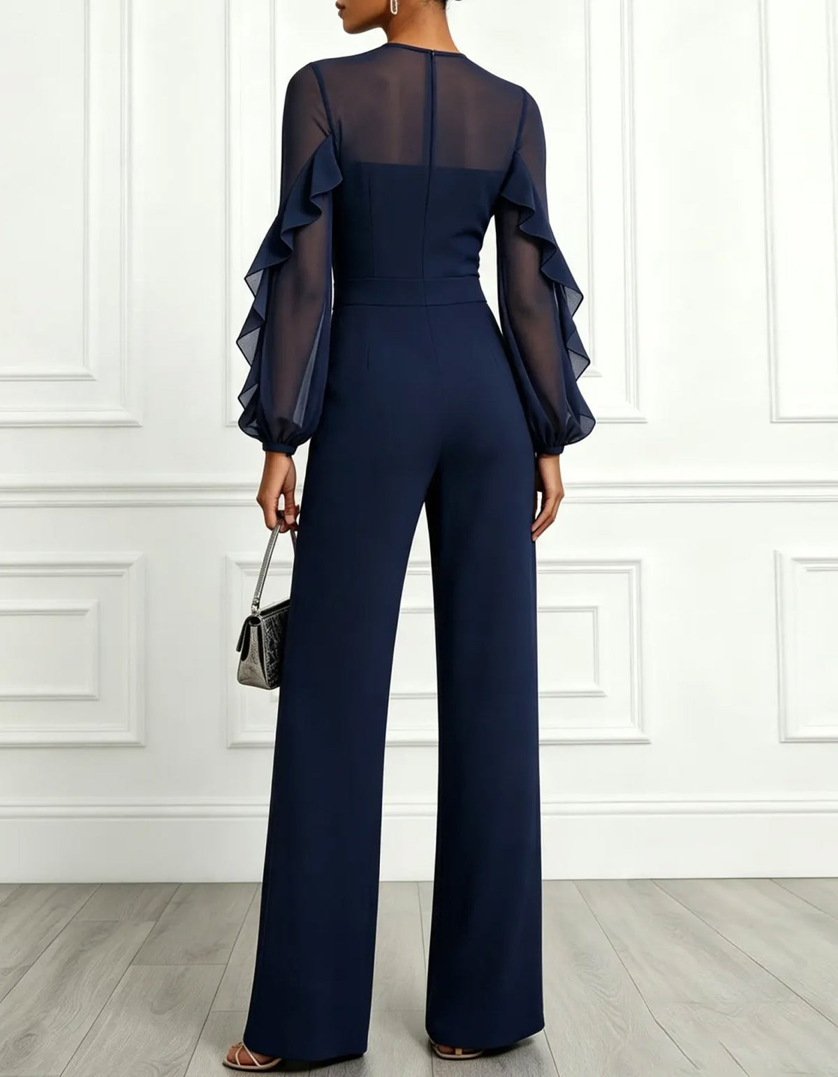 Dunkelblauer Jumpsuit aus Chiffon mit Rüschen und weitem Bein