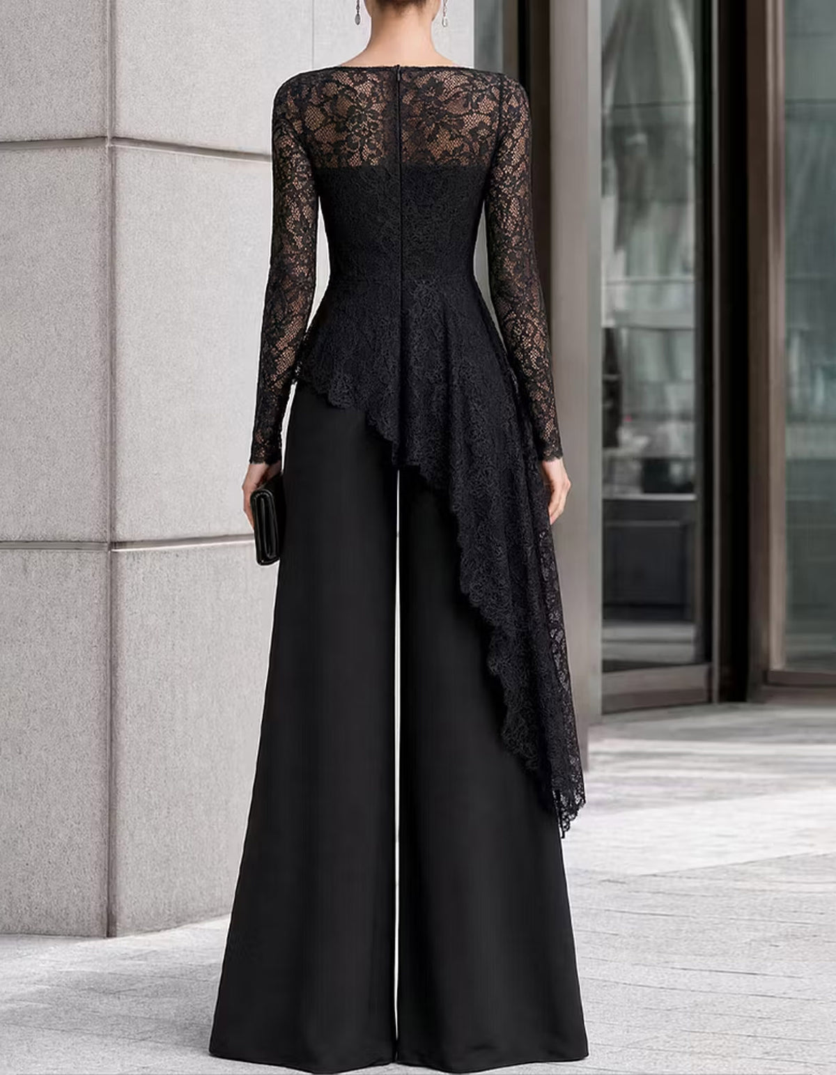 Black Lace And Chiffon Long Sleeve Wide Leg Jumpsuit