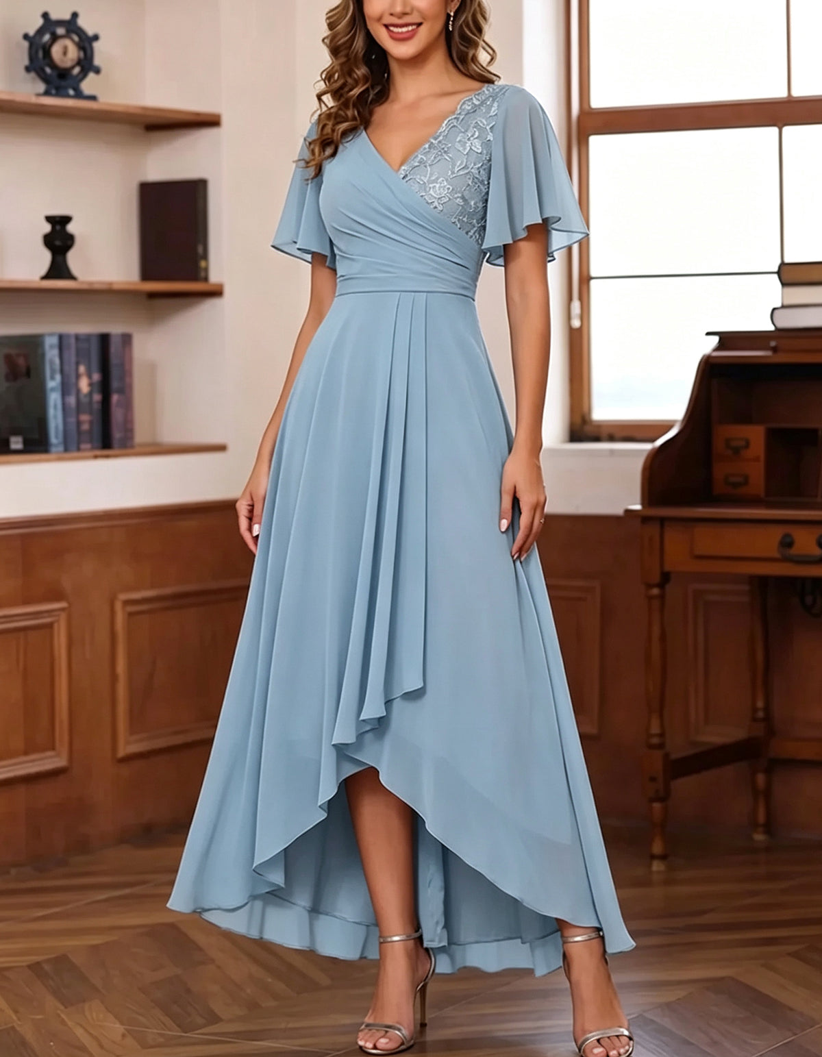 Rochie maxi din șifon, cu decolteu în V, mâneci fluture și lungime asimetrică