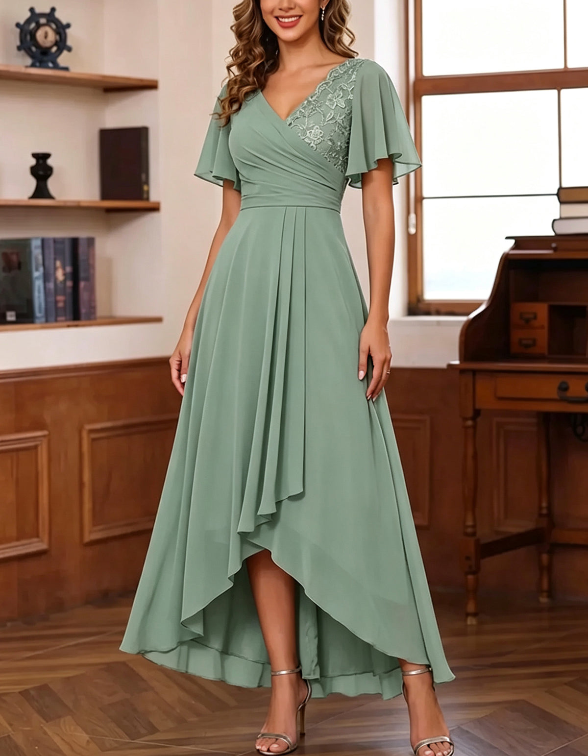 Rochie maxi din șifon, cu decolteu în V, mâneci fluture și lungime asimetrică