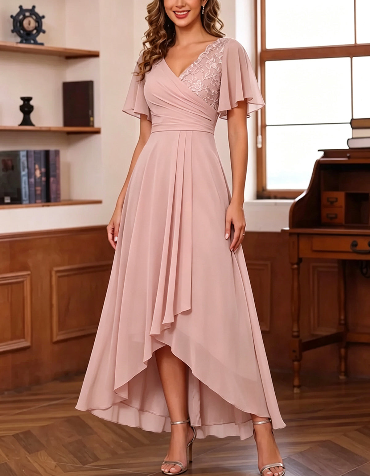 Rochie maxi din șifon, cu decolteu în V, mâneci fluture și lungime asimetrică