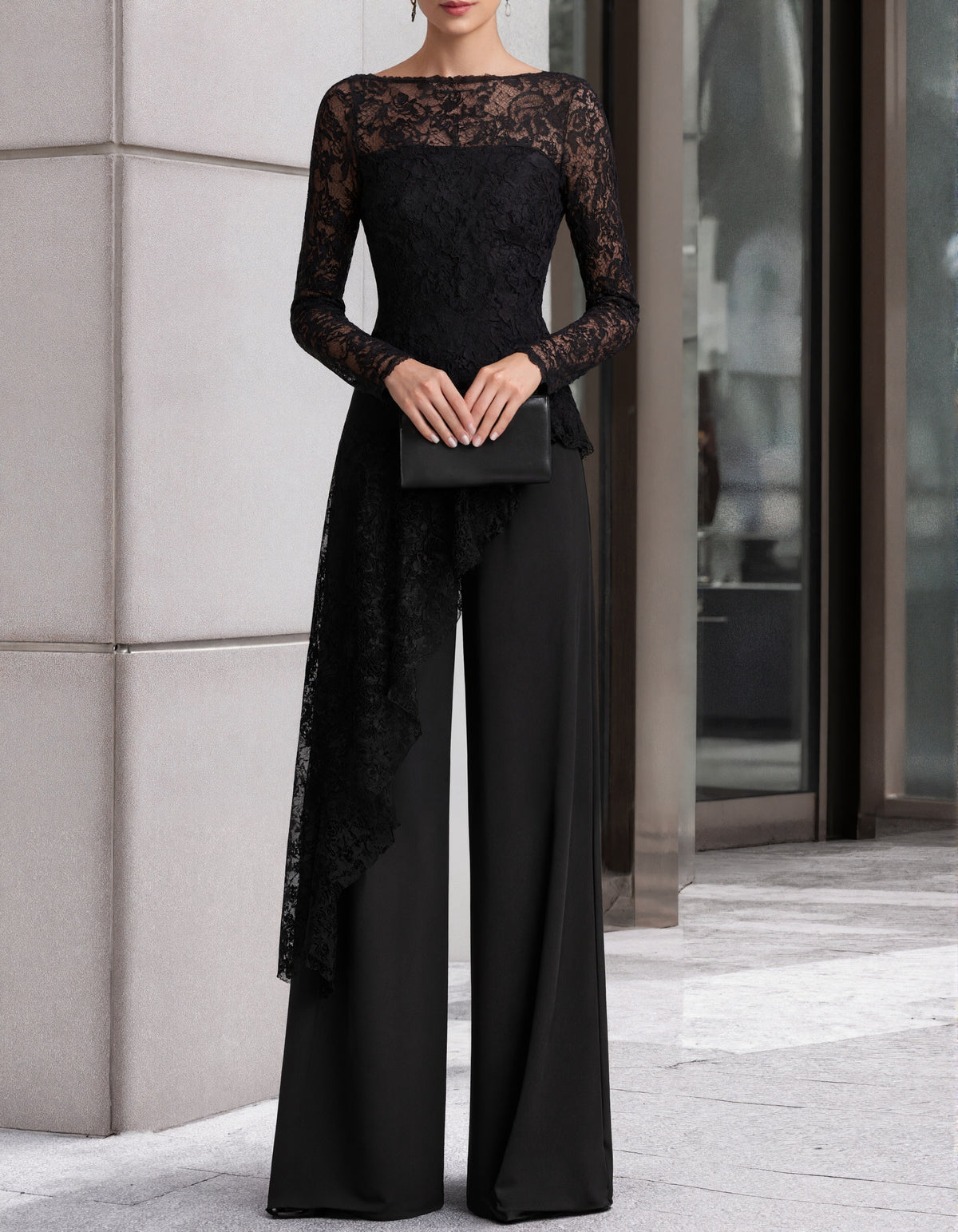 Black Lace And Chiffon Long Sleeve Wide Leg Jumpsuit