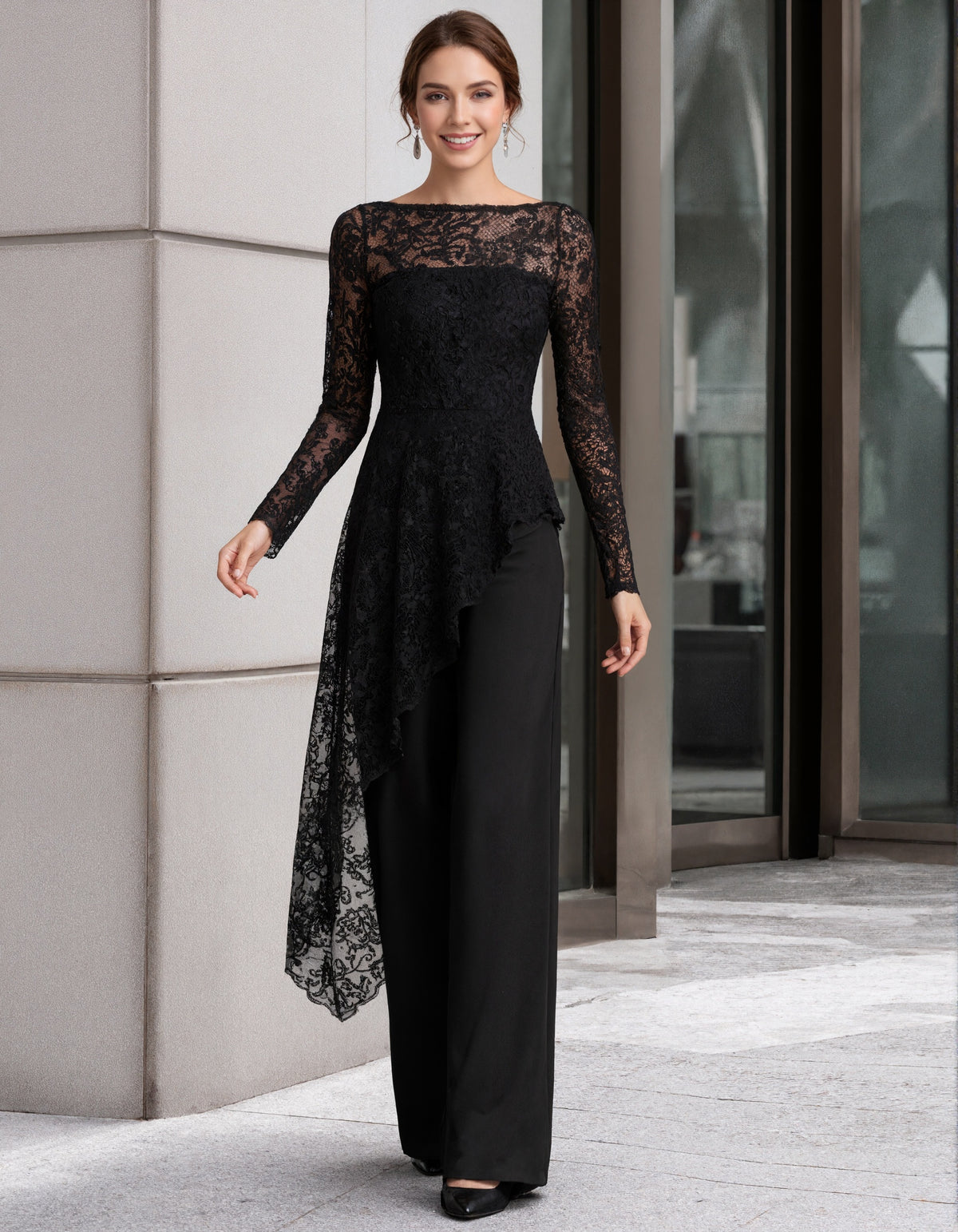 Black Lace And Chiffon Long Sleeve Wide Leg Jumpsuit