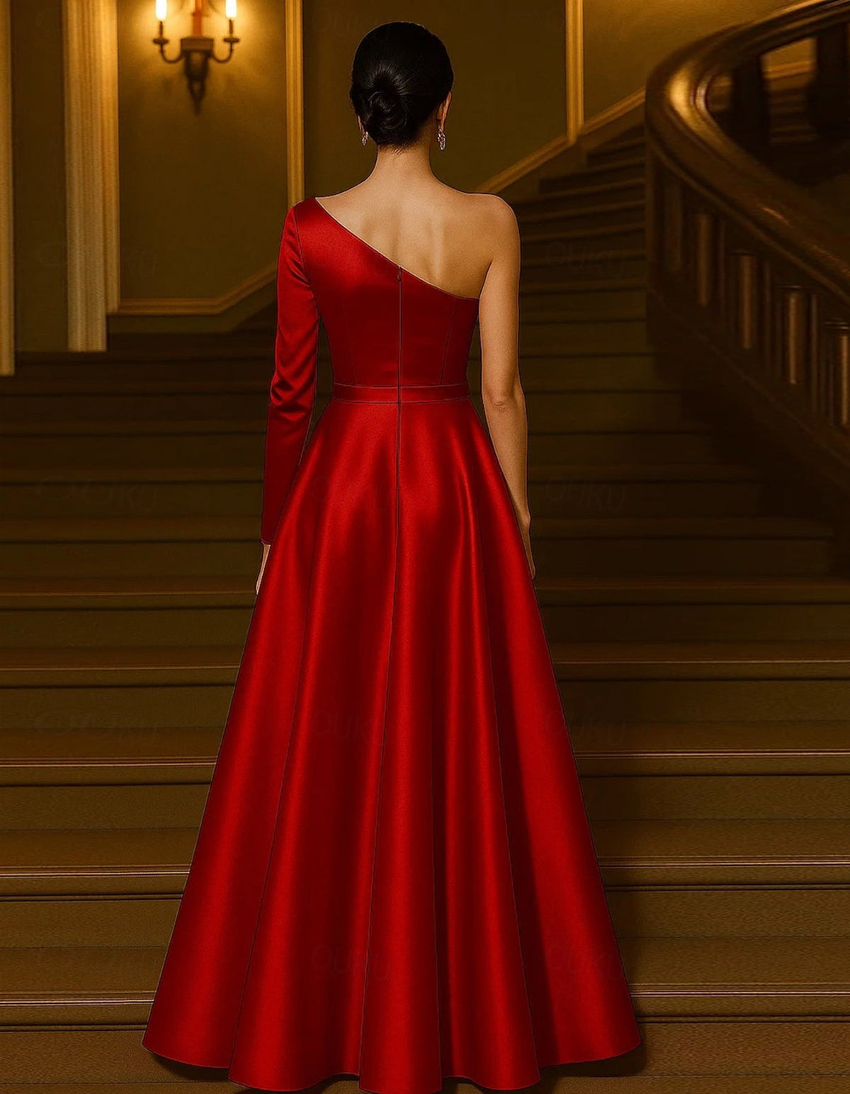 Solid Color Satin One Shoulder With 3D Floral Detail Maxi Dress
