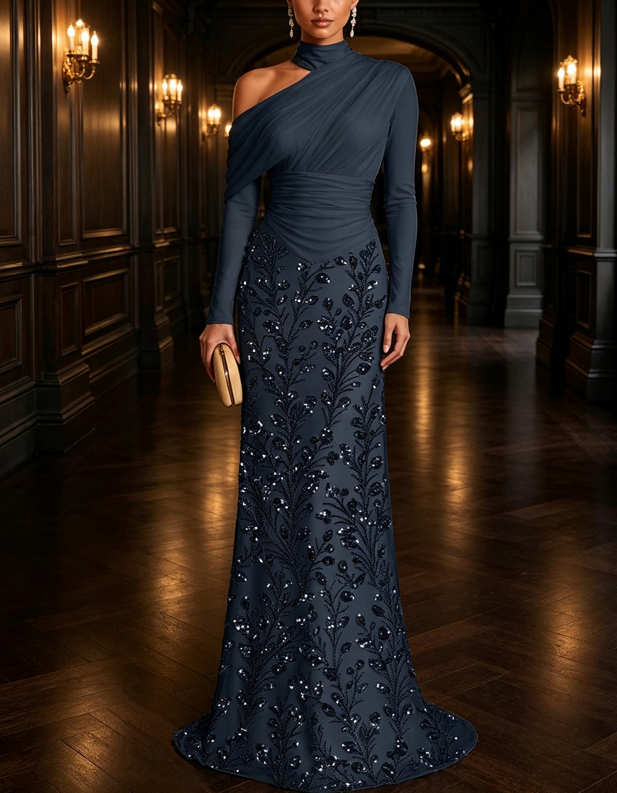 Rochie maxi cu decolteu halter înalt, plasă transparentă, talie încrețită și paiete