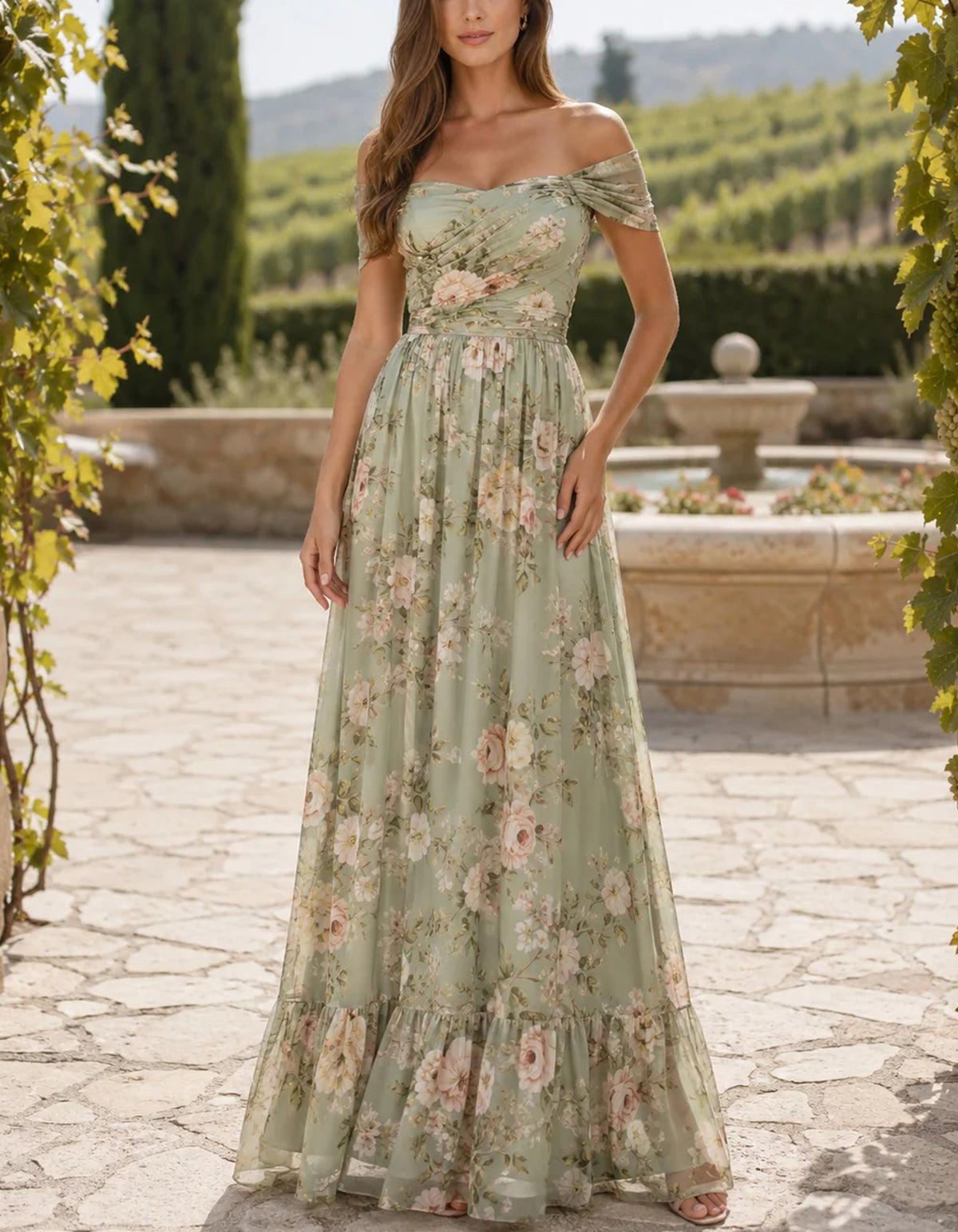 Sage Green Floral Off Shoulder A Line Maxi Dress
