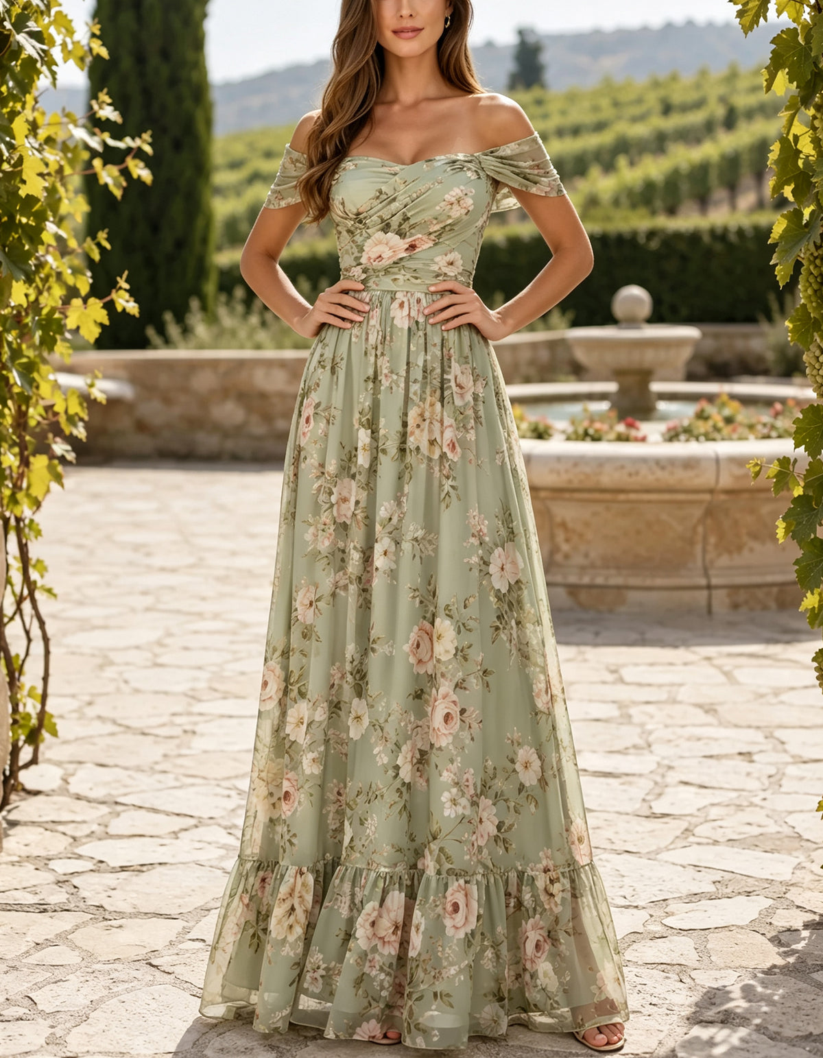 Sage Green Floral Off Shoulder A Line Maxi Dress