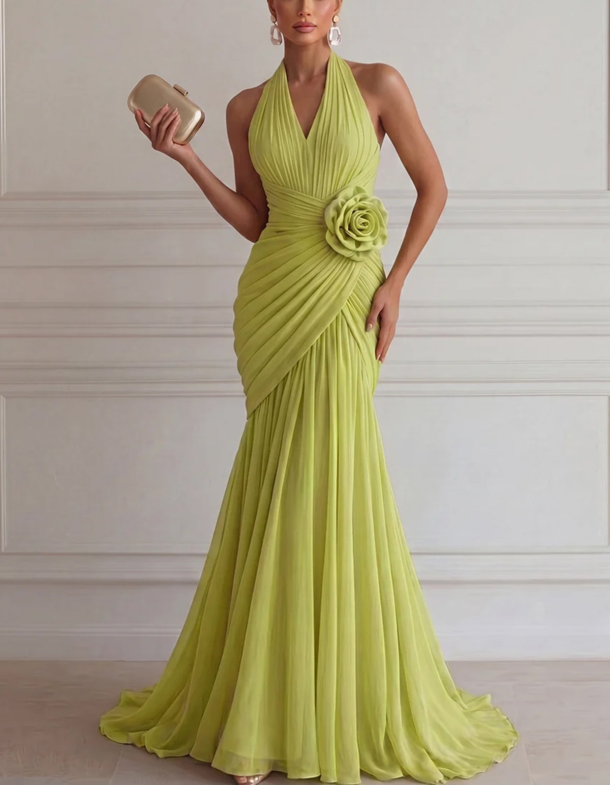Maxijurk van pistachegroene chiffon met halternek, plooien en rozen